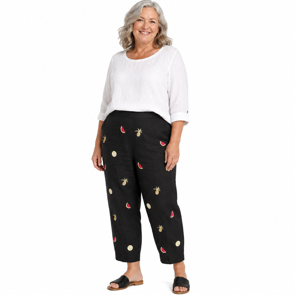 Talbots 100% Irish Linen Embroidered Fruit Side Zip Lined Cropped Pants sz 20 W